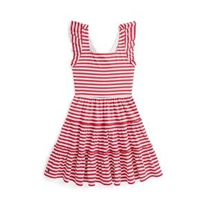 Polo Ralph Lauren Girls Striped Ruffled Jersey Dress Red White Medium 8 / 10